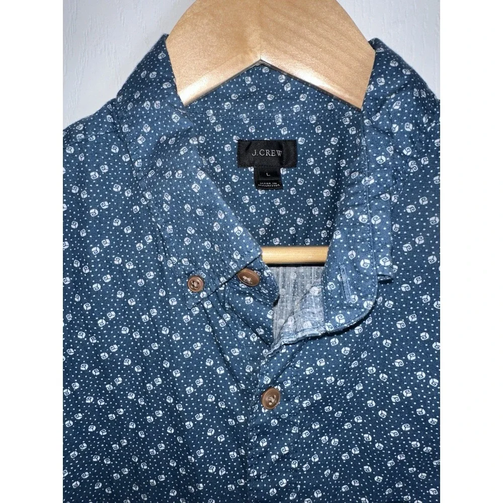 J. Crew Short Sleeve Button Down Shirt Mens Size‎ L Large Blue Geometric Print